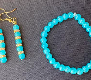 Aqua Glass Bead Dangle Earrings and Bracelet with Gold Rhinestone Spacers