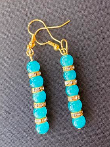 Aqua Glass Bead Dangle Earrings with Gold Rhinestone Spacers