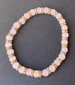 Light Pink Glass Bead Bracelet with Gold Rhinestone Spacers