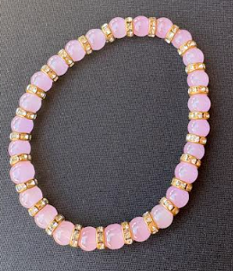 Pink Glass Bead Bracelet with Gold Rhinestone Spacers