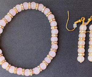 Light Pink Glass Bead Dangle Earrings and Bracelet with Gold Rhinestone Spacers